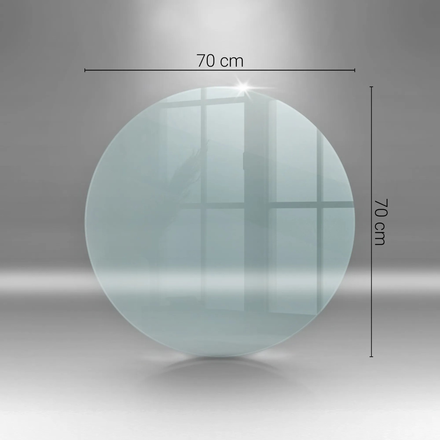 Transparente, runde Tulup Glasplatte 70x70 cm als Funkenschutz für Kaminofen. Gehärtetes Glas mit polierten Kanten.