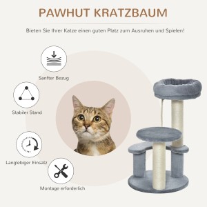PawHut Katzenbaum, 3-stufig mit Hängematte, grau. Kratzbaum mit Sisalstämmen und Katzenbett.
