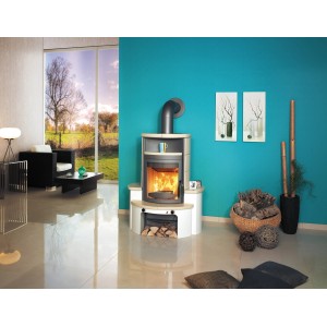 Hark Avenso GT ECOplus Kaminofen mit Ofenkacheln in Creme, 6 kW Leistung und Automatik.