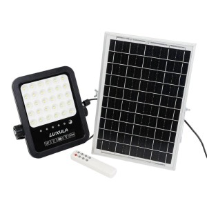 LUXULA LED Solarstrahler mit Solarpanel und Fernbedienung, schwarzes Gehäuse.