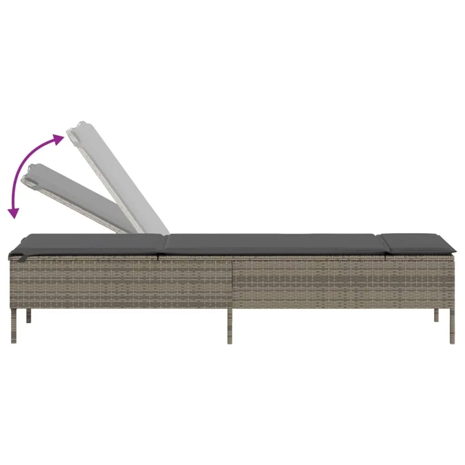 Graue vidaXL Sonnenliege aus Poly Rattan mit Tisch und Auflage, verstellbare Rückenlehne.