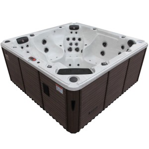 Quadratischer Canadian Spa Whirlpool Niagara mit brauner Verkleidung und weißer Innenwanne.