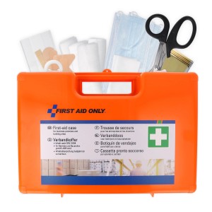 Oranger Erste Hilfe Koffer DIN 13169 von First Aid Only mit Füllung und Wandhalterung.