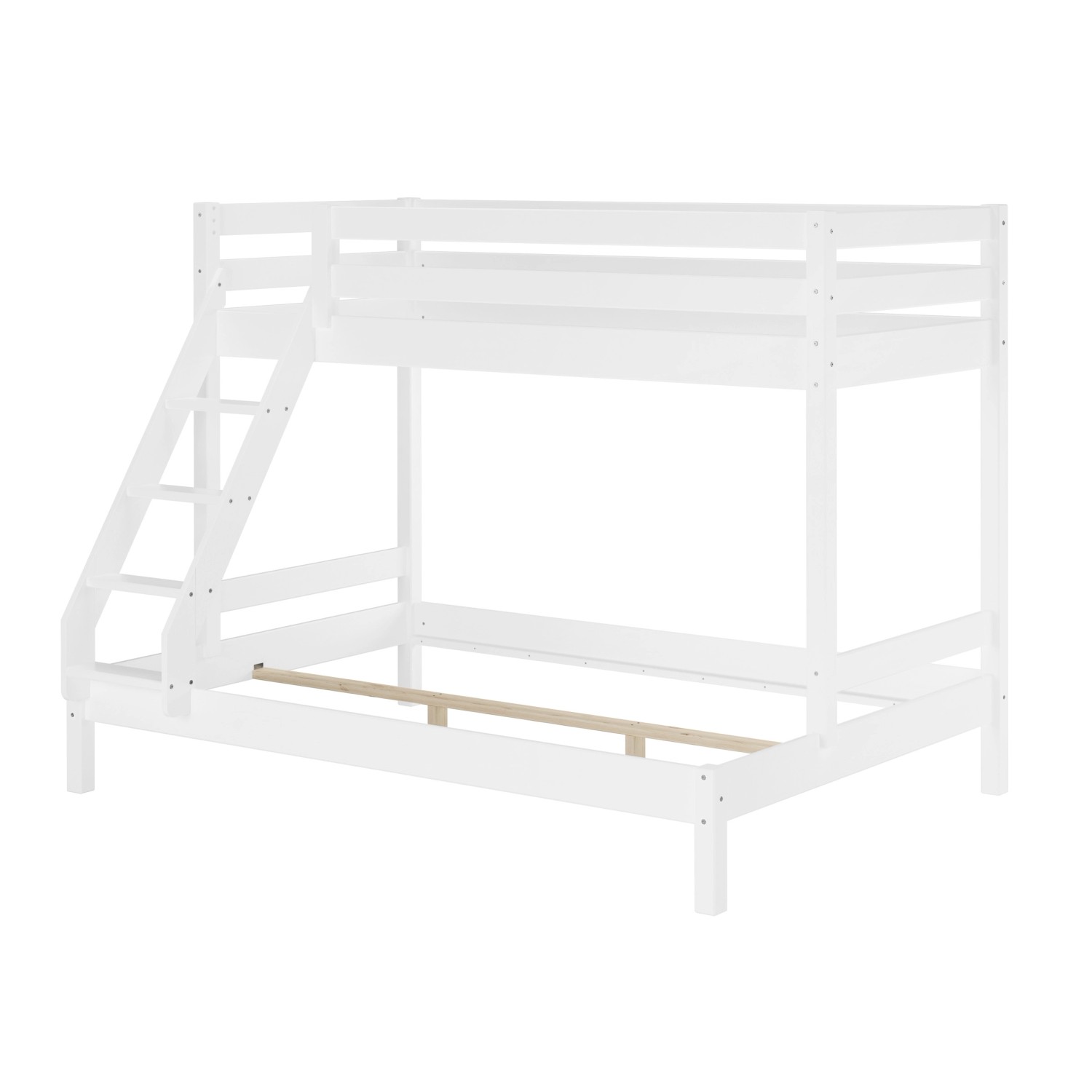 Weißes Doppel-Etagenbett aus Kiefernholz mit Leiter, Liegeflächen 90x200 und 140x200 cm, inkl. Rollrost und Bettkasten.