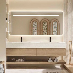 Modernes wandhängendes Doppelwaschbecken Set in Travertin Optik mit LED Spiegel, Unterschrank und Ablage für Ihr Bad.
