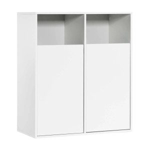 Weißer mokebo Wäscheschrank mit zwei Fächern und Türen als Wäschesortierer.