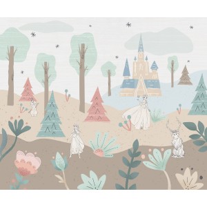 Bunte Vlies Fototapete mit Disney Frozen Schloss und Figuren, ideal für Kinderzimmer.
