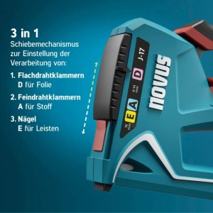 Novus J-17 Handtacker, türkis, mit 3-in-1 Schiebemechanismus für Flachdraht-, Feindrahtklammern & Nägel.