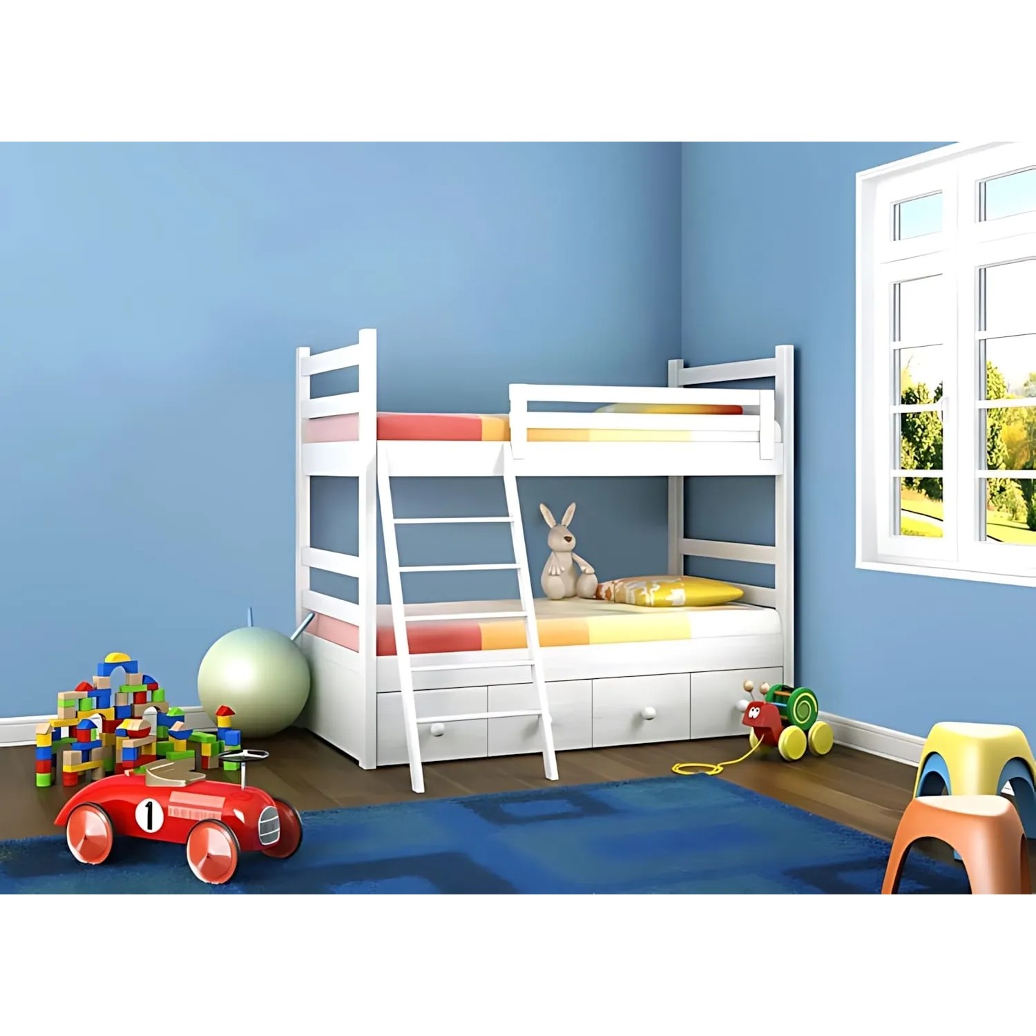 Weiße, glatte PROFHOME Renoviervlies Tapete im Kinderzimmer mit Spielzeug.