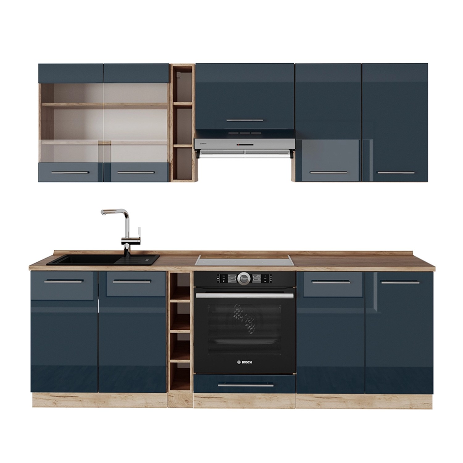 Vicco Fame-Line Küchenzeile Dunkelblau Hochglanz/Goldkraft Eiche 235 cm ohn günstig online kaufen