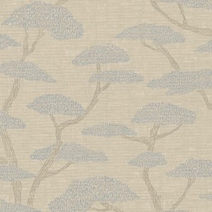 Beige-graue Vliestapete mit asiatischem Baum-Muster für Wohnzimmer und Flur.