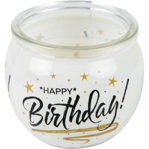 Duftkerze "Happy Birthday" im Glas, weiße Kerze mit goldenen Sternen und Schriftzug.