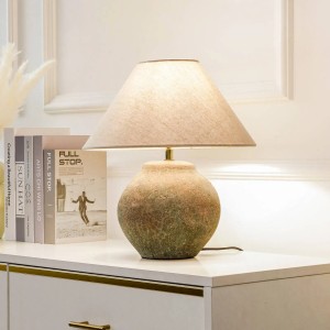 Braune Lucande Tischlampe Thalorin aus Keramik mit Textilschirm