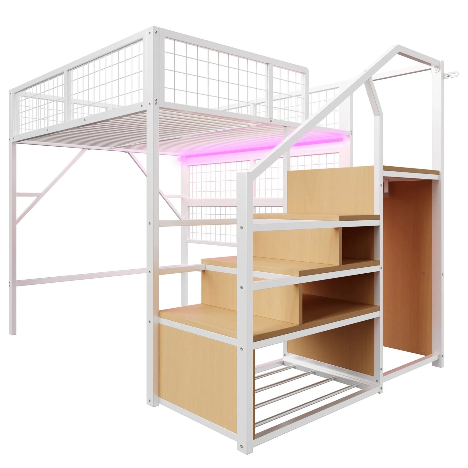 okwish Hochbett 140x200cm mit LED Beleuchtung Jugendzimmer Weiß ohne Matratze