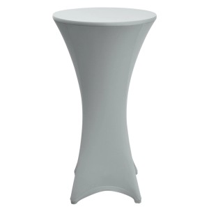 Silberne Beautissu Stretch Stehtischhusse für Bistrotisch ø80-85cm. Elegantes Design, optimale Passform.