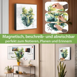 Banjado Großer Schlüsselkasten Metall 30x30cm Schwarz Scharnier Links 50 Haken Beschreibbar Magnetisch Motiv Hirsch Wald Aquarell