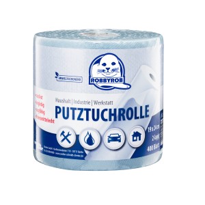 Robbyrob Putztuchrolle, blau, 2-lagig, 400 Blatt. Saugfähige Cellulose-Reinigungstücher für Werkstatt & Haushalt.