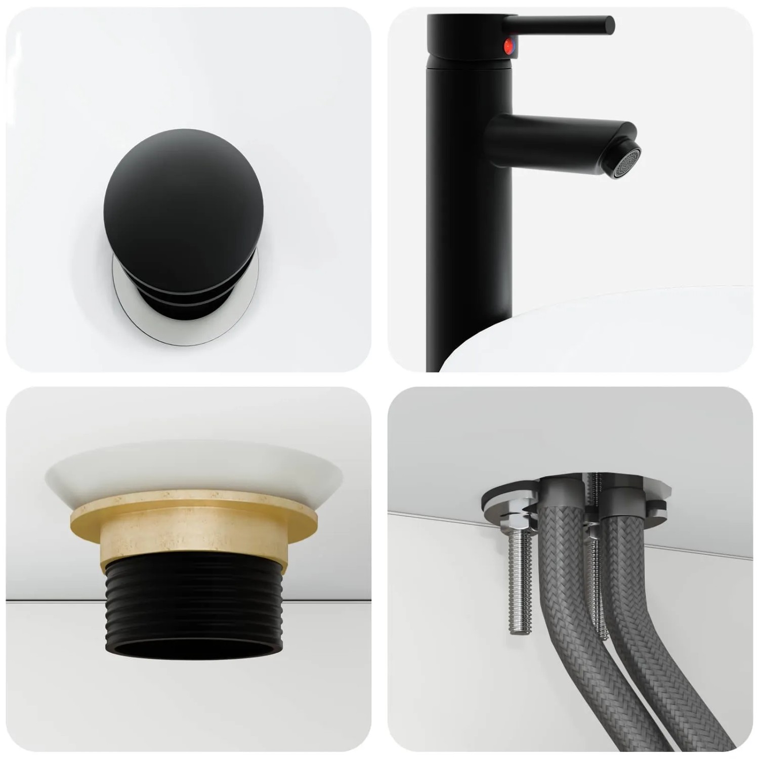 Detailansicht: Schwarzer Wasserhahn, Abflussstopfen und Installation für ein modernes Waschbecken im Badmöbel-Set.
