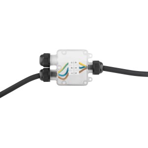 Wasserdichter Stecker IP68, 3x0,75-2,5mm², transparentes Gehäuse mit schwarzen Kabelverschraubungen.