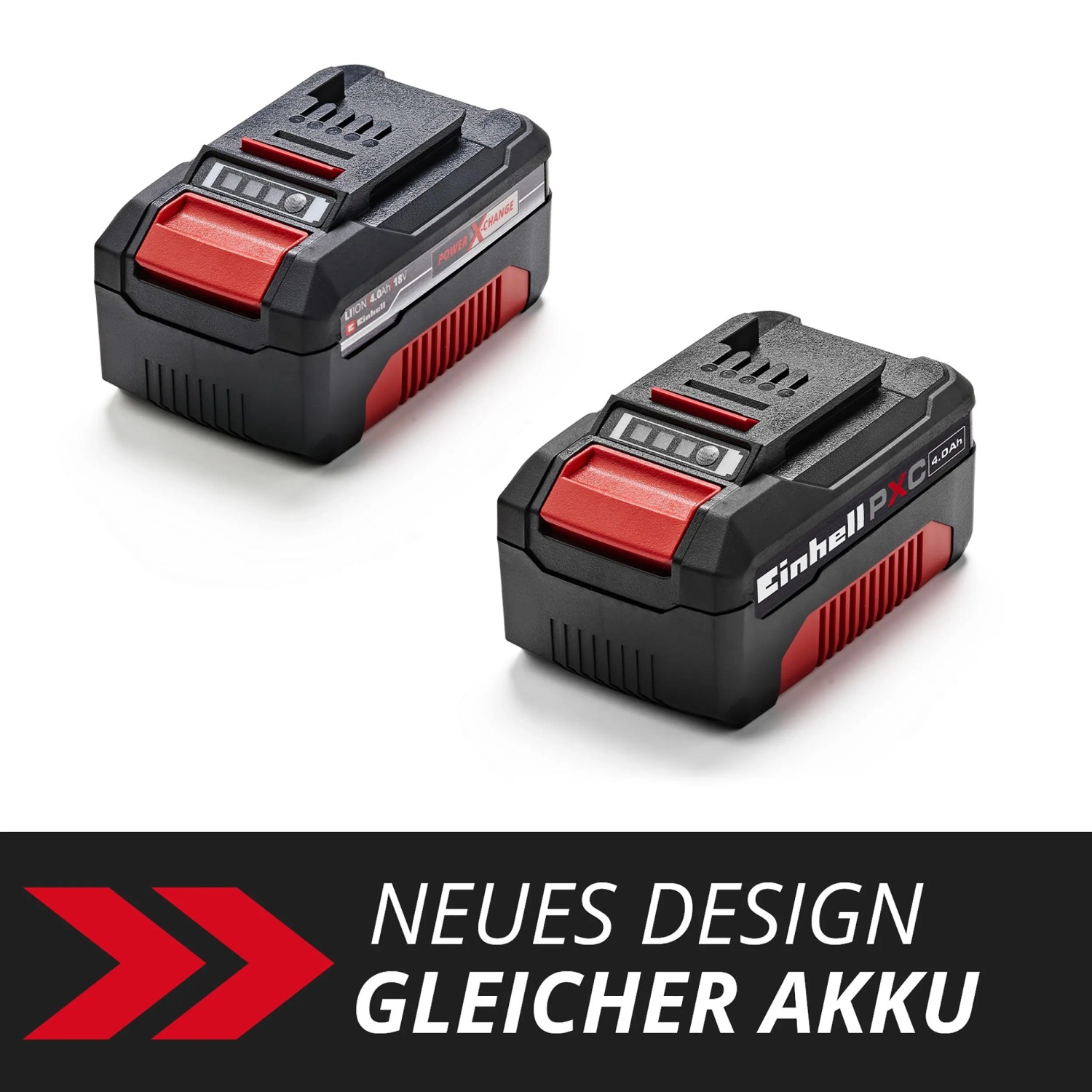 Zwei Einhell Power X-Change Akkus 18 V 4,0 Ah für Elektrowerkzeuge, mit Ladezustandsanzeige.