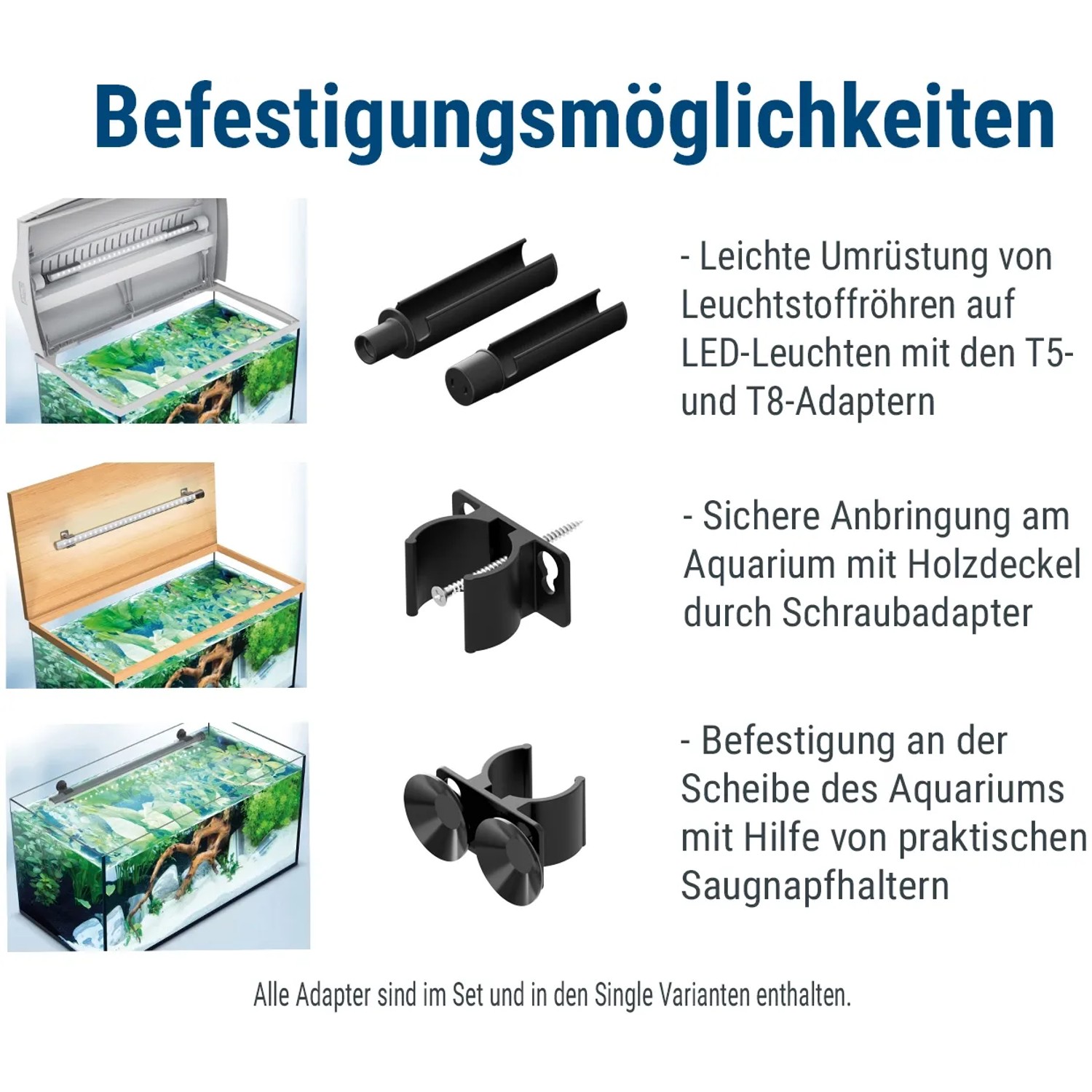 Tetra LightWave LED Set: Befestigungsadapter für T5/T8, Schraub- und Saugnapfhalter zur Aquarienbeleuchtung.