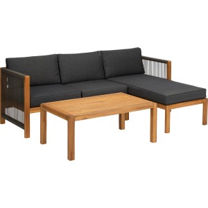 Acamp Loungegruppe Malaga Teak-Schwarz FSC® mit Sofa, Ottomane und Tisch für den Garten.
