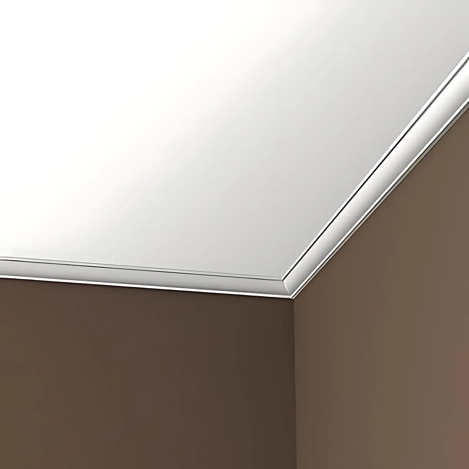 Weiße PROFHOME Eckleiste als Deckenabschluss im Raum, 36 Zierleisten (72m) im Set.