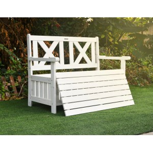 Wetterfeste, weiße 2-Sitzer Gartenbank aus Holz mit Stauraum und Abdeckung.