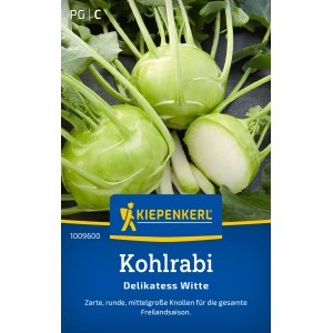 Kiepenkerl Kohlrabi Delikatess Witte, hellgrüne Knollen mit Blattwerk.