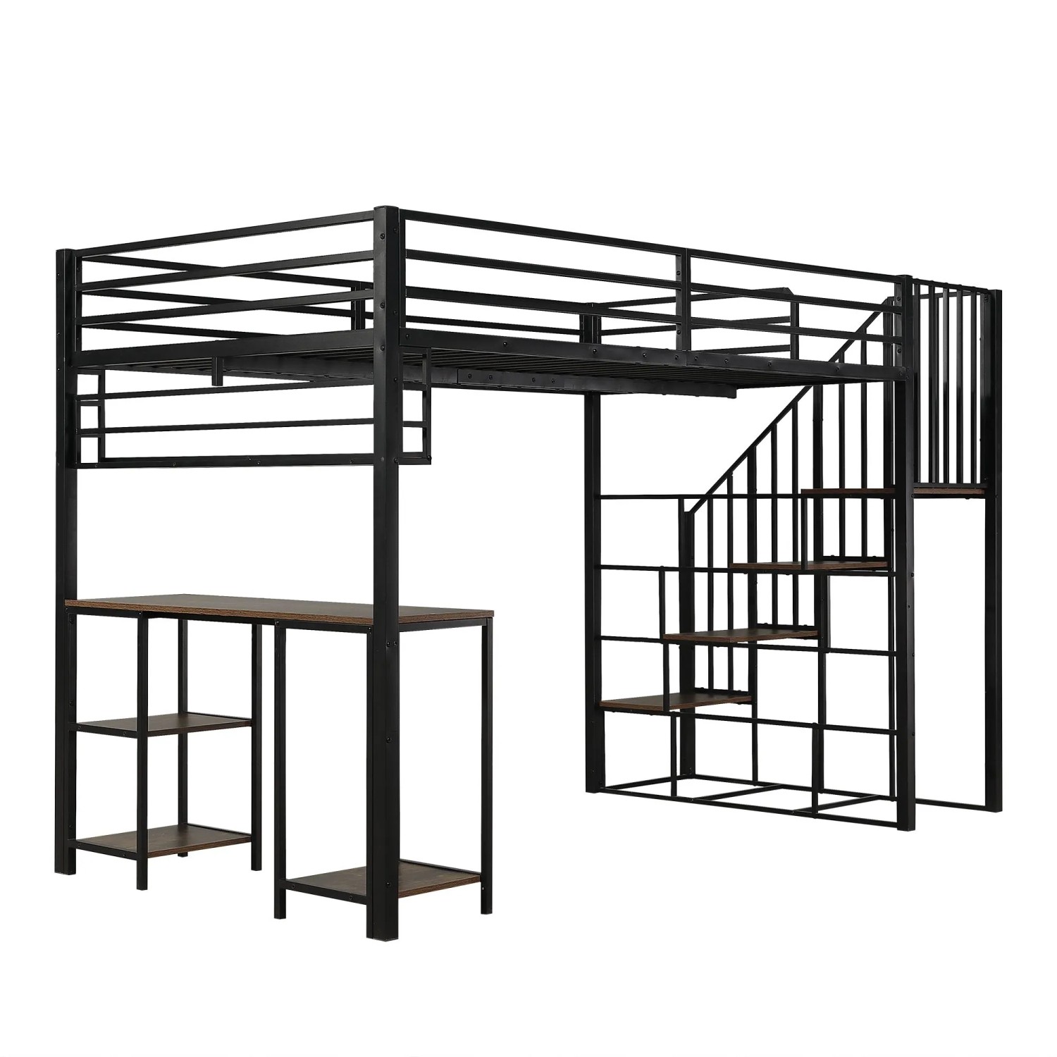 okwish Metall Hochbett 120x200cm mit Schreibtisch Regal und Treppe Schwarz ohne Matratze