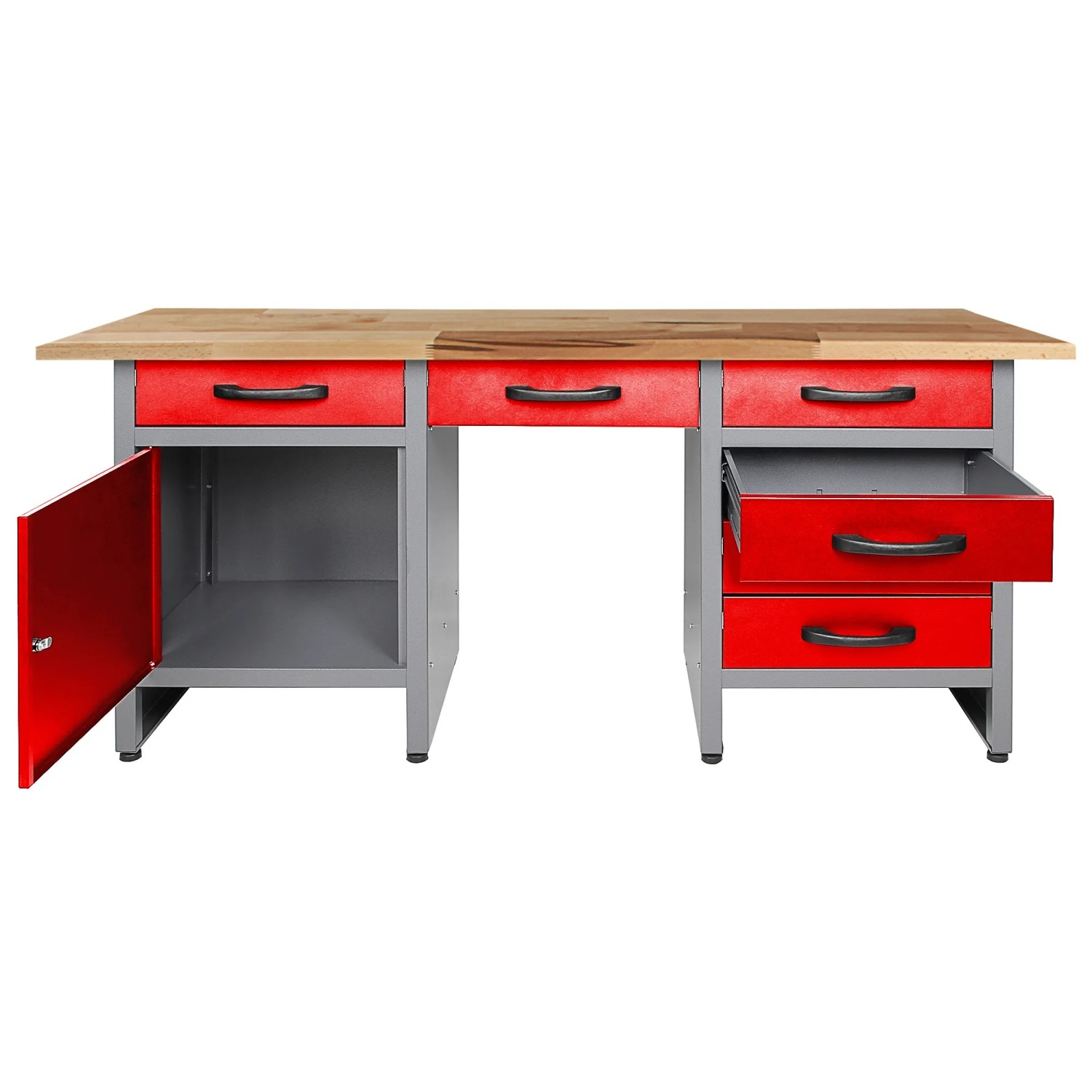 Rote Ondis24 Werkbank Harry, 160 cm, mit 6 Schiebern, 1 Tür und Buchenholz Arbeitsplatte.