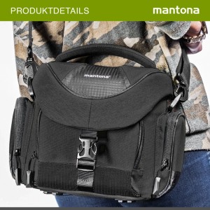 Schwarze Mantona Premium Kameratasche mit Schultergurt und Schnalle, getragen. Ideal für DSLR/DSLM Kamera & Zubehör.