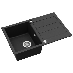 Schwarze Helika Einbauspüle aus Granitverbundstoff, 78x50 cm, mit Abtropffläche.