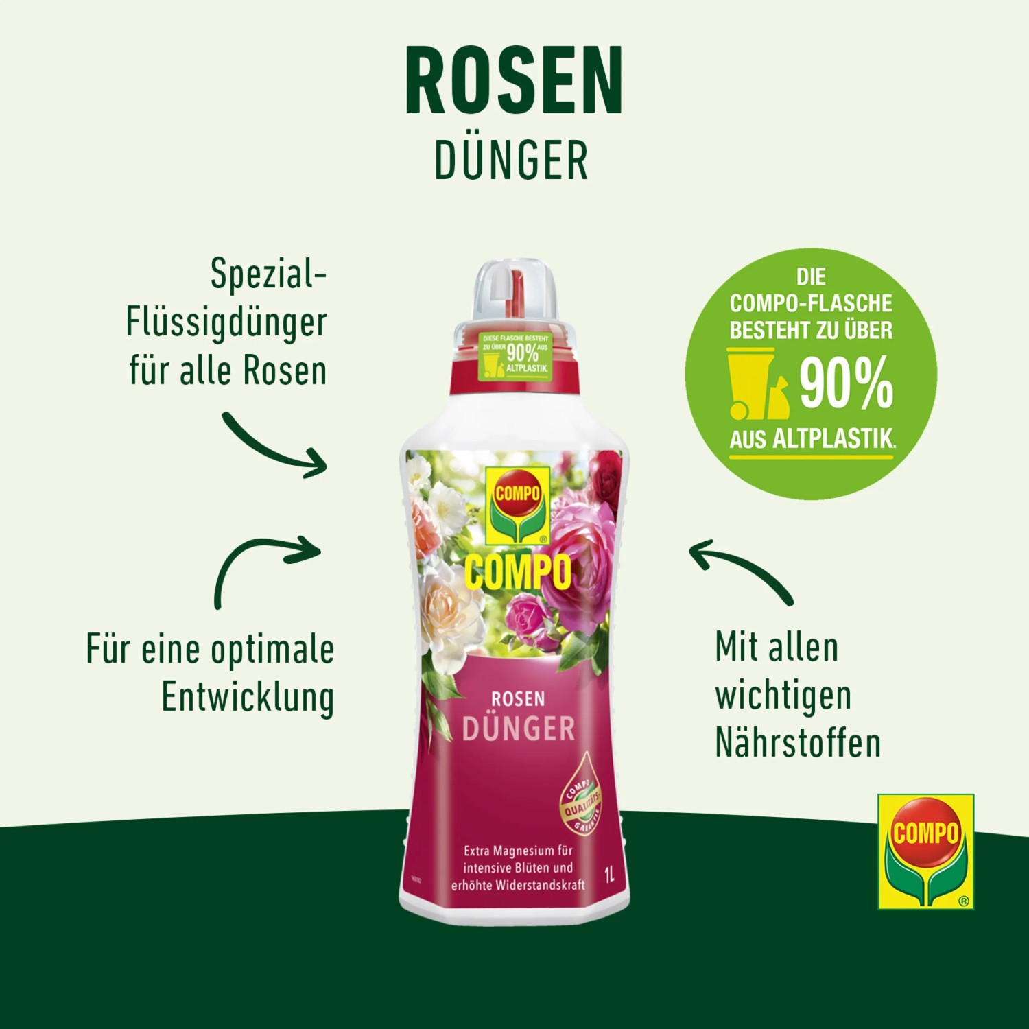 Compo Rosendünger 1L Flasche: Flüssigdünger für Rosen, mit Magnesium für intensive Blüten.