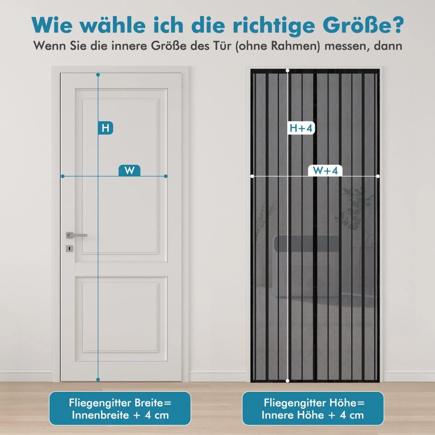 Anleitung zur Größenwahl für Sekey Fliegengitter: Türrahmen messen, um passenden Mückenschutz zu finden. Breite/Höhe + 4cm.