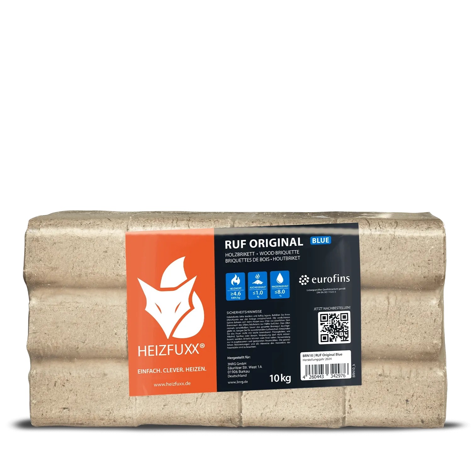 Helle, rechteckige Heizfuxx RUF Original Blue Holzbriketts, 10kg Packung, für effizientes Heizen.