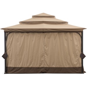 Brauner Sunjoy Gazebo Ropi Pavillon (395x395cm) mit Stoffdach, Stahlrahmen und Moskitonetz.