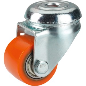 Schwerlast-Lenkrolle mit Rückenloch, Ø 35mm, orangefarbenes Polyurethanrad und Stahlblechgehäuse.