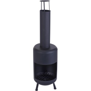 Schwarzer Terrassenkamin aus Metall, Grillkamin für Garten und Terrasse.