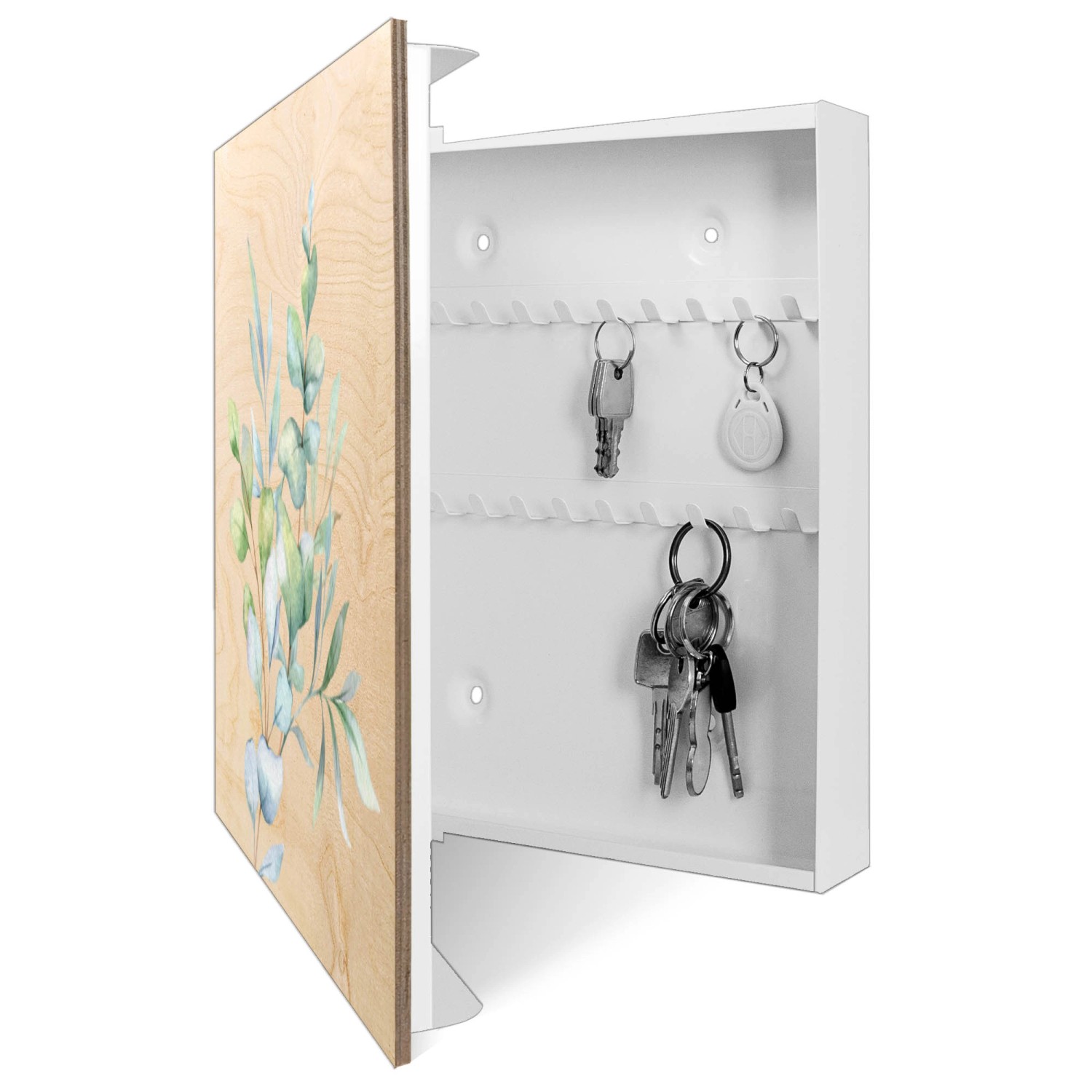 Offener, weißer Banjado Schlüsselkasten 30x30 mit Eukalyptus Aquarell Front und Schlüsseln.