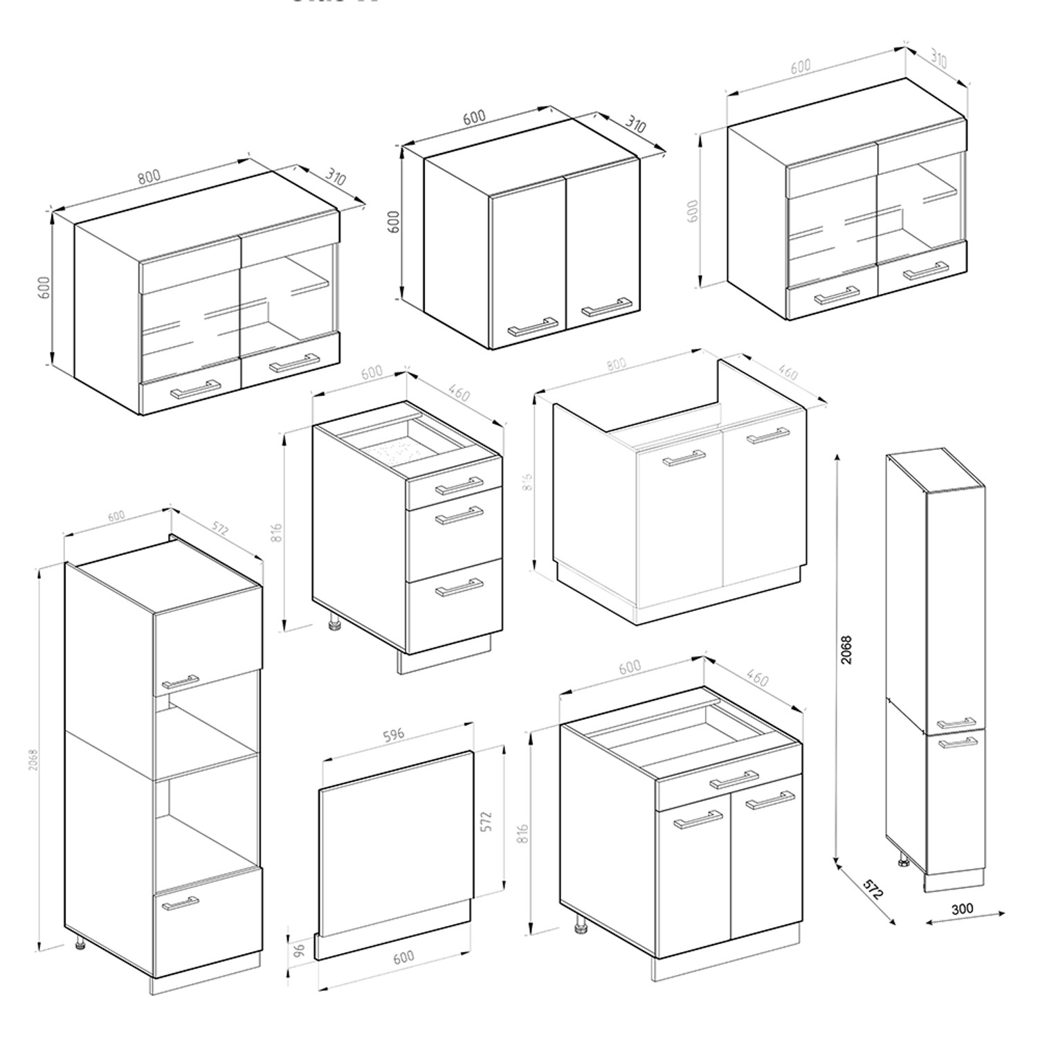 Skizze der Vicco R-Line Küchenzeile 350 cm in Goldkraft Eiche/Anthrazit mit Maßen der einzelnen Elemente.