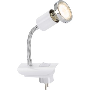 Weiße Briloner LED-Steckerleuchte mit flexiblem Arm und GU10 Leuchtmittel für die Steckdose.
