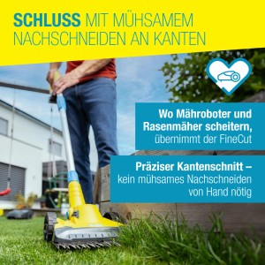 Gloria Finecut 18 V Akku-Rasentrimmer für präzise Kantenschnitte im Garten.