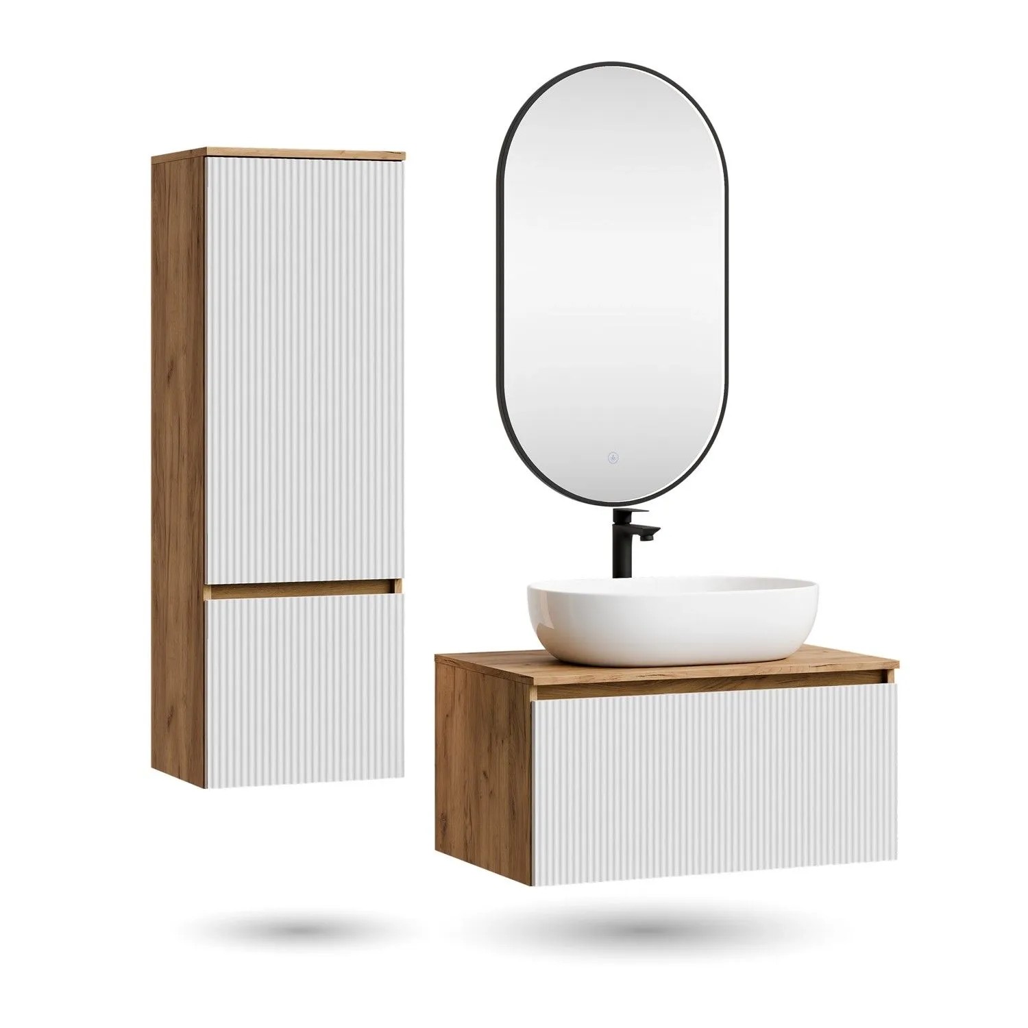 Planetmöbel ARISA Badmöbel Set 80 cm Weiß Geriffelt mit Hochschrank Glora LED Spiegel Dimmbar und Keramik Aufsatzwaschbecken 60 cm Weiß