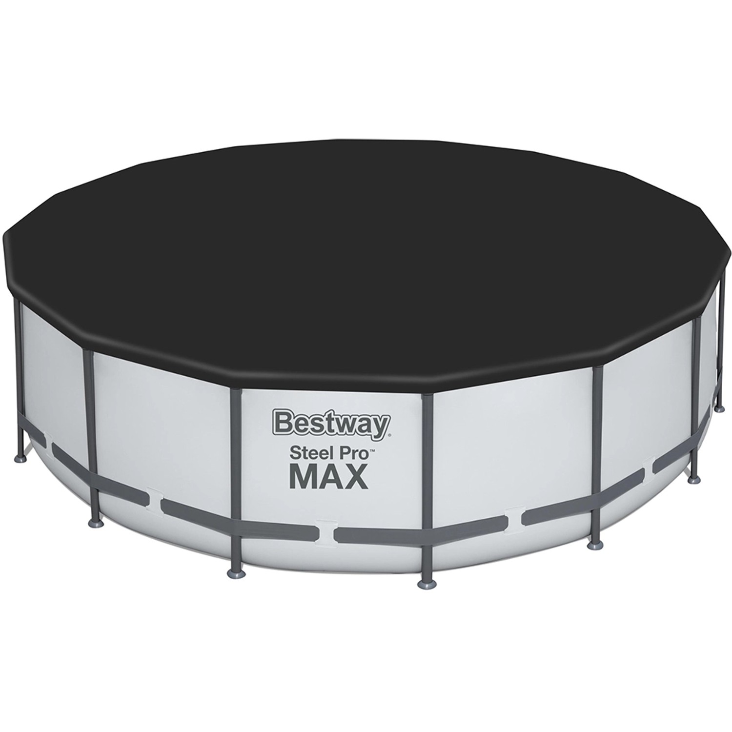 Bestway Stahlrahmen Pool Set, Ø 488 cm, mit Abdeckplane. Lichtgrauer Frame Pool für den Garten.