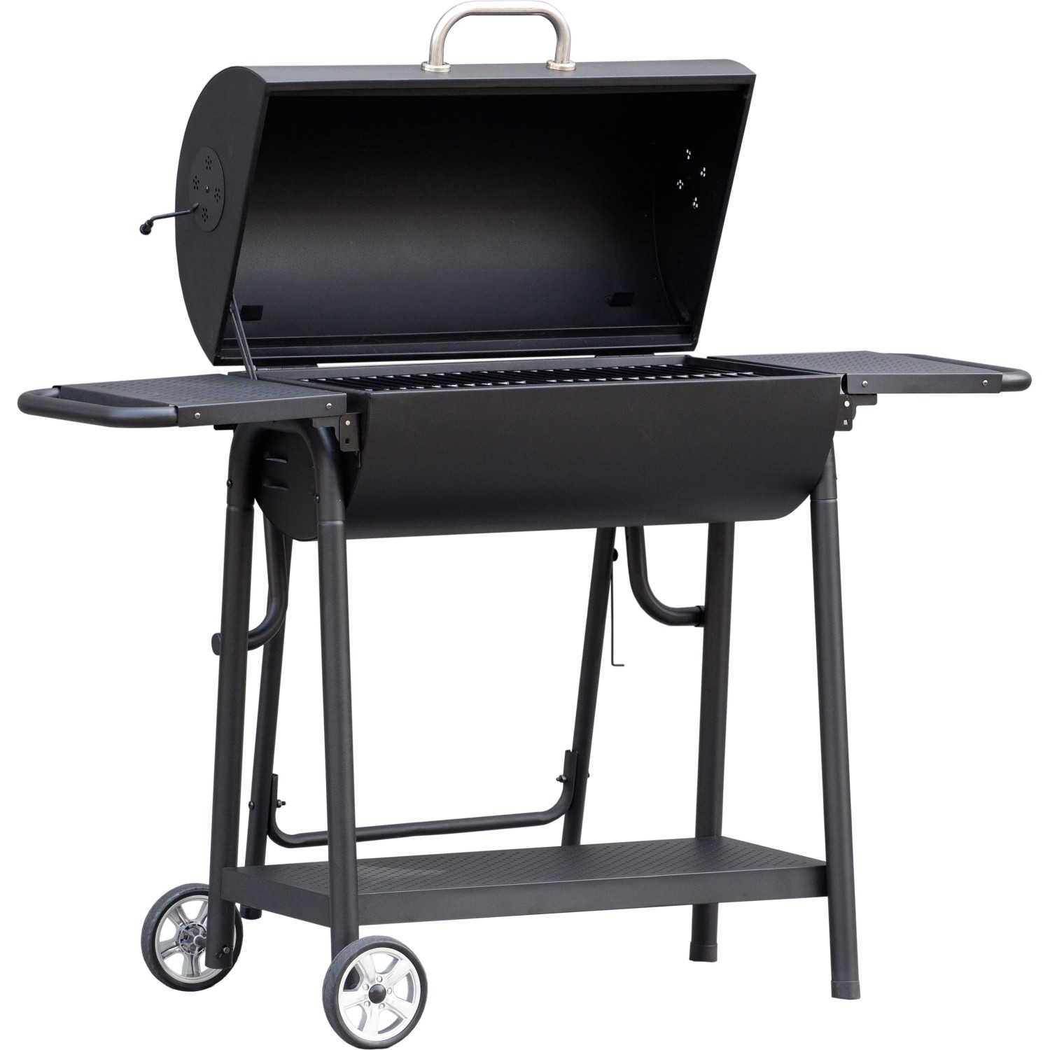 Schwarzer Holzkohlegrill Banff mit Ablageflächen und Rädern.