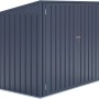 Graue Metall Mülltonnenbox für 2 Tonnen à 240 Liter, mit Doppeltür und Pultdach.