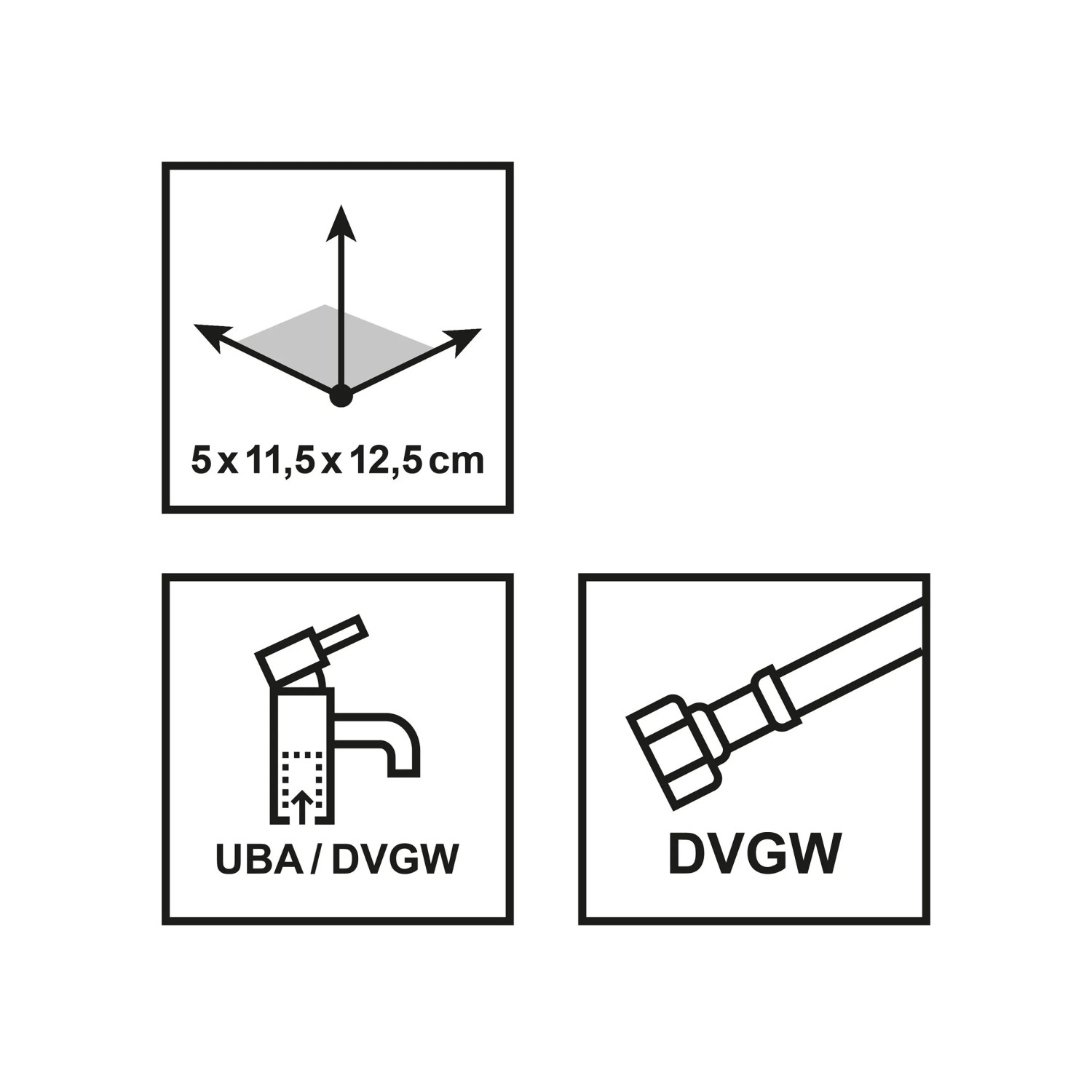 Piktogramme der Einhebel-Waschtischarmatur Sangro: Maße, UBA/DVGW- und DVGW-Zertifizierung.