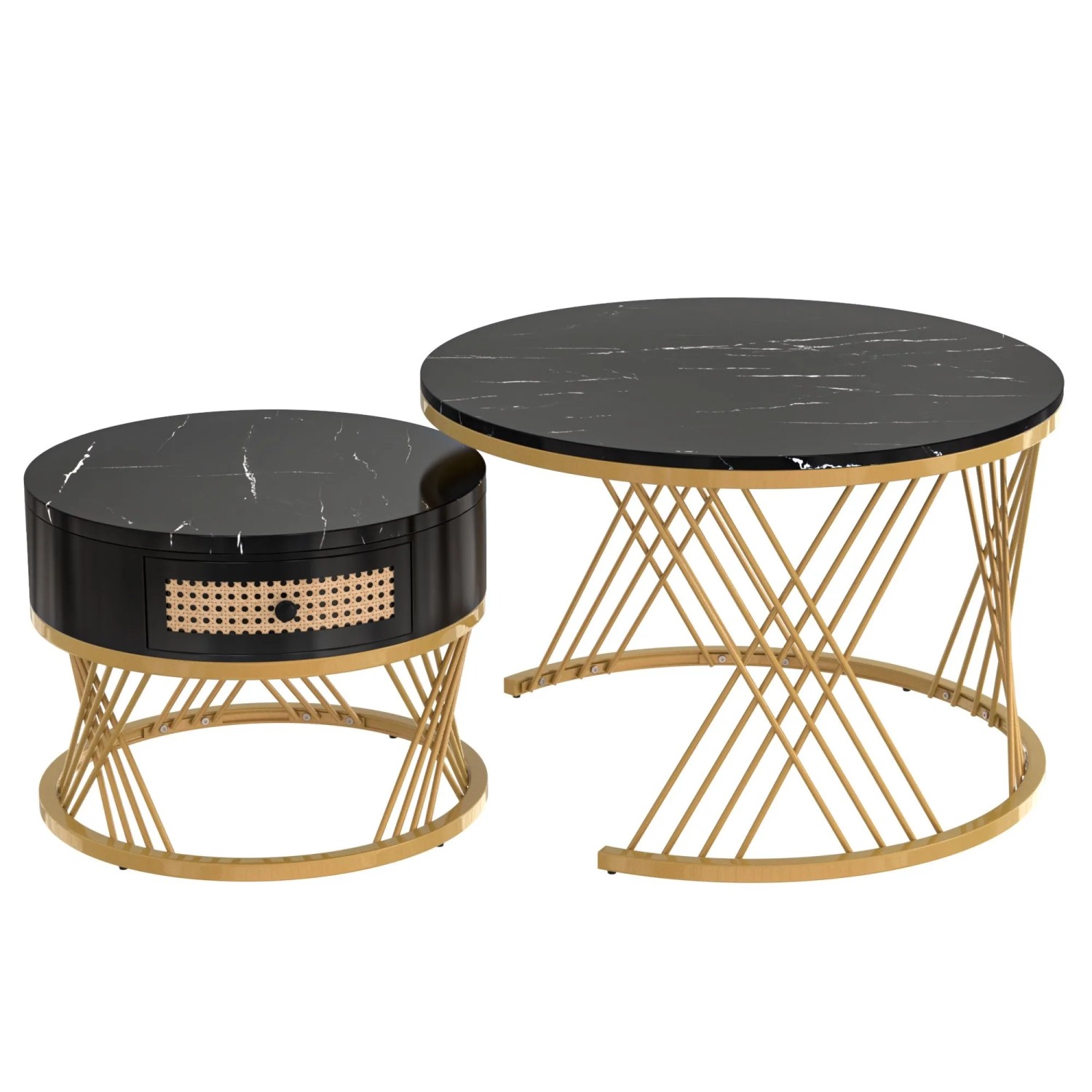 okwish Couchtisch Beistelltisch mit Tischplatte aus Marmor und Schubladen 70 × 70 cm Schwarz