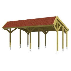 Grüner Skan Holz Carport mit roten Schindeln, Holzkonstruktion mit Pultdach.